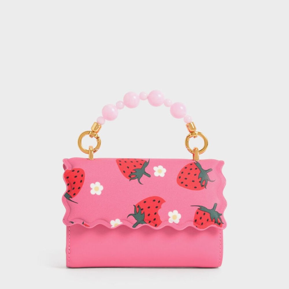 Charles & Keith Rowan Bead Handle Strawberry Print Wallet in Pink